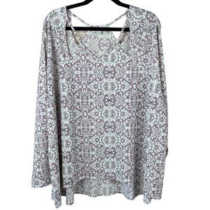 Cato Floral Cutout Blouse Top Womens 22/24W‎ Pink White Long Sleeve High Low Hem